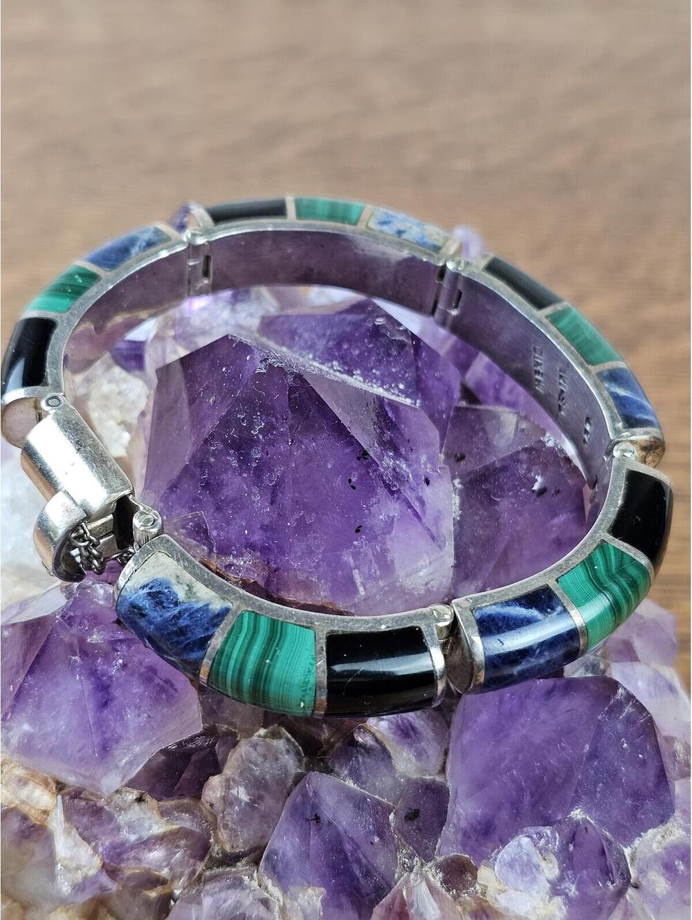 Vintage Taxco Mexico 950 Silver Malachite Sodalite Onyx Inlay Bracelet 70g 7" - Picture 4 of 11